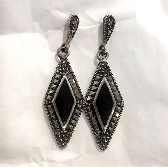 Sterling Silver Marcasite Onyx Drop VTG Earrings - Picture 1 of 14